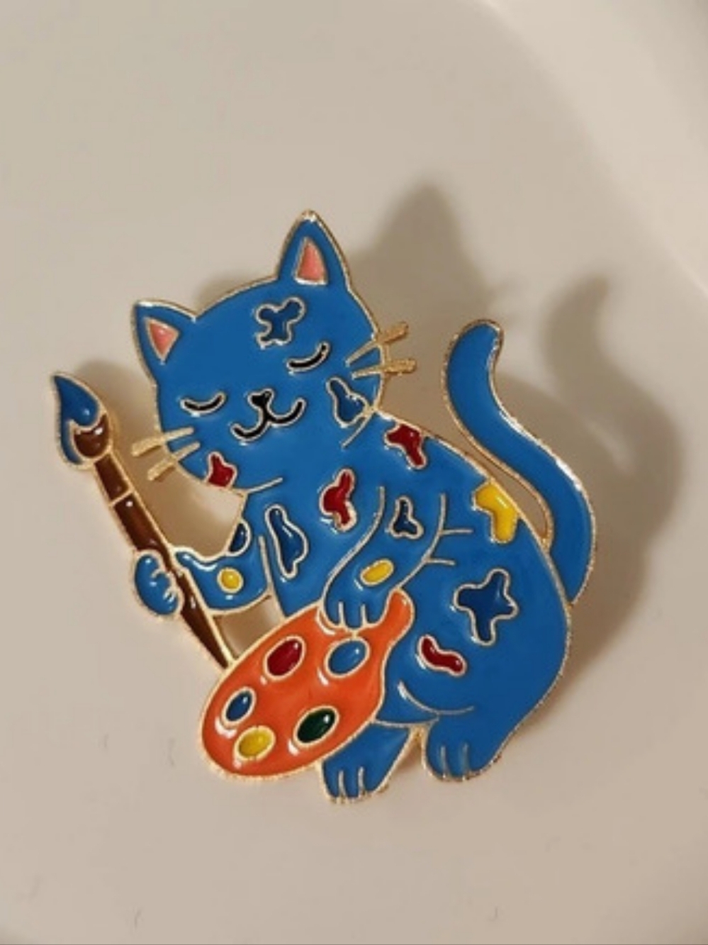 Blue & Gold Cat Artist Palette Brooch